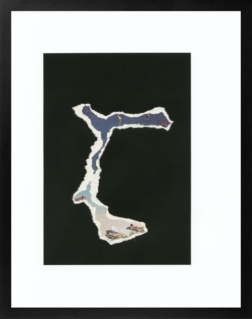 guillermo gudino art then became then becoming now cut-out postcards on black frames contemporary photography hand-torn abstract shapes destruction